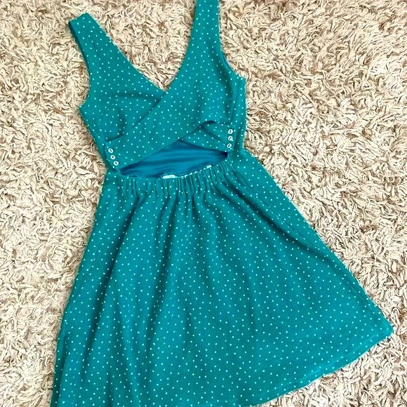 LC by Lauren Conrad Greenish Blue Polka Dot Skater Cross Back Flared Mini Dress - Picture 2 of 4